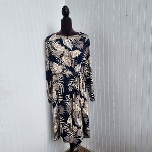 Cocomo Woman Palm Leaf Navy Blue Beige Tan Long Sleeve Stretch Tie Dress Sz 1X